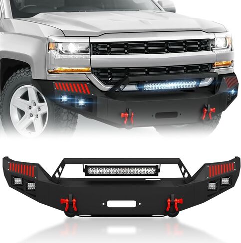 Off-Road Front Bumper Compatible with 2016-2018 Chevy Chevrolet Silverado 1500 Pickup Truck Bumper with Paintable Decor, Winch Plate & D-rings, Black (without Sensor Holes) in Saudi Arabia