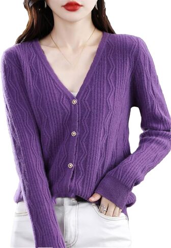 Niiyyjj Solid Color V-Neck Cardigan Sweater for Women Merino Wool Flower Twisted Jumper Button Sweater Coat in Saudi Arabia