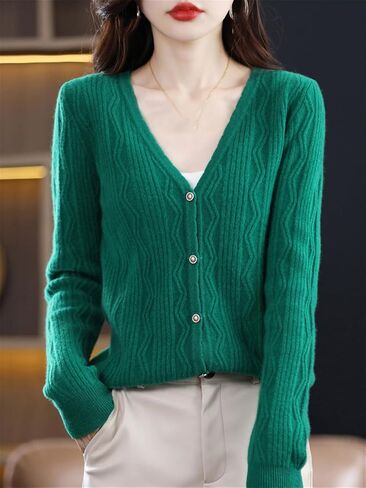 Niiyyjj Solid Color V-Neck Cardigan Sweater for Women Merino Wool Flower Twisted Jumper Button Sweater Coat in Saudi Arabia