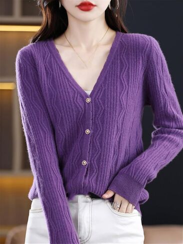 Niiyyjj Solid Color V-Neck Cardigan Sweater for Women Merino Wool Flower Twisted Jumper Button Sweater Coat in Saudi Arabia