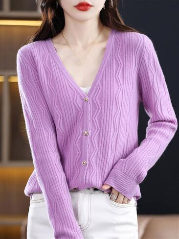Niiyyjj Solid Color V-Neck Cardigan Sweater for Women Merino Wool Flower Twisted Jumper Button Sweater Coat in Saudi Arabia