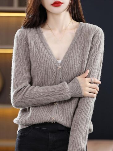 Niiyyjj Solid Color V-Neck Cardigan Sweater for Women Merino Wool Flower Twisted Jumper Button Sweater Coat in Saudi Arabia