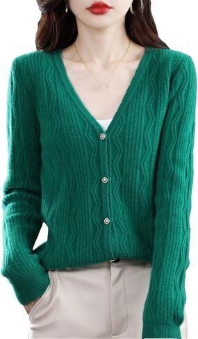 Niiyyjj Solid Color V-Neck Cardigan Sweater for Women Merino Wool Flower Twisted Jumper Button Sweater Coat in Saudi Arabia