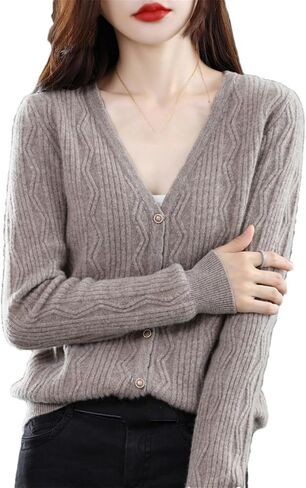 Niiyyjj Solid Color V-Neck Cardigan Sweater for Women Merino Wool Flower Twisted Jumper Button Sweater Coat in Saudi Arabia