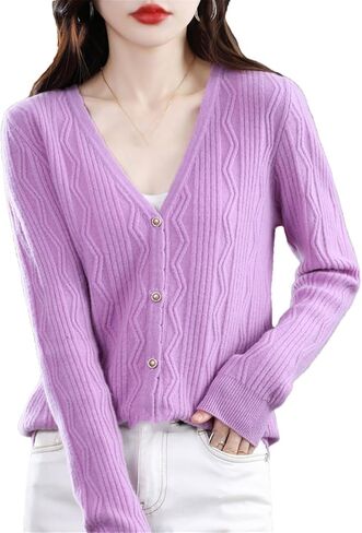 Niiyyjj Solid Color V-Neck Cardigan Sweater for Women Merino Wool Flower Twisted Jumper Button Sweater Coat in Saudi Arabia