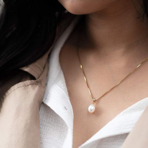PEORA Freshwater Cultured White Pearl Pendant in 14K Yellow Gold, Baroque Oval Shape, 10x8mm Dainty Solitaire, Dainty Pearl Necklaces, Elegant Wedding Pearl Necklace & Bridesmaid Jewelry in Saudi Arabia