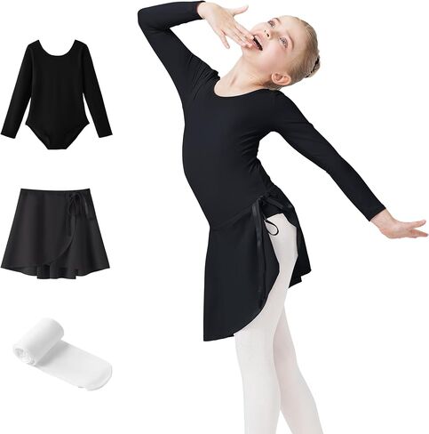 Girls Ballet Dance Long Sleeve Leotard with Removable Skirt and Tights Combo, Toddlers Gymnastics Ballerina Outfit in Kuwait