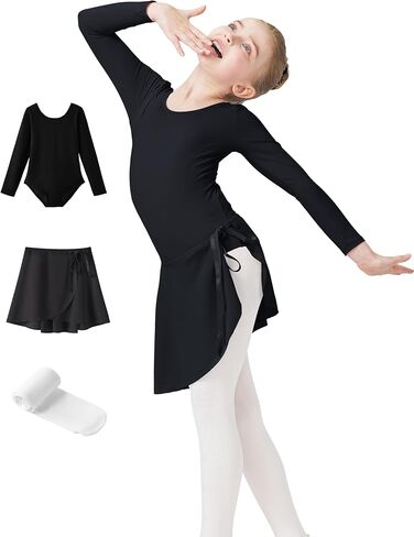 Girls Ballet Dance Long Sleeve Leotard with Removable Skirt and Tights Combo, Toddlers Gymnastics Ballerina Outfit in Kuwait