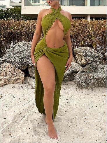 Women's Twist Front Sleeveless Halter Tie Long Dress Split Thigh Backless Cut Out Cami Dresses Sexy Dress in Saudi Arabia