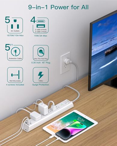 2 حزمة حزمة قطاع الطاقة الحامي - 5 منافذ متباعدة على نطاق واسع 3 منافذ شحن USB ، 1875W/15A مع سلك التمديد مضفر 5 أقدام ، قابس مسطح ، حماية زيادة في الحمل ، جدار الجدار للمكتب المنزلي ، أبيض in Kuwait