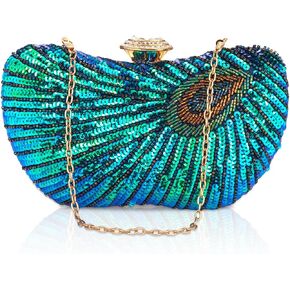 Peacock Clutch Purse Evening Handbags for Womens Vintage Crossbody Shoulder Bags Sequin Feather and Detachable Chains in Kuwait