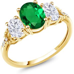 Gem Stone King 10K Yellow Gold Green Simulated Emerald White Moissanite and Diamond Accent 3-Stone Ring For Women | 1.79 Cttw | Oval 8X6MM and 6X4MM | Available In Size 5-9.5 in Saudi Arabia