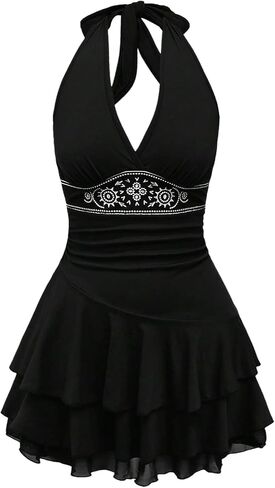 Verdusa Women's V Neck Hippie Halter Tiered Dress Ruched Mini Ruffle Y2K Dress Western Outfits XS-4XL in Saudi Arabia