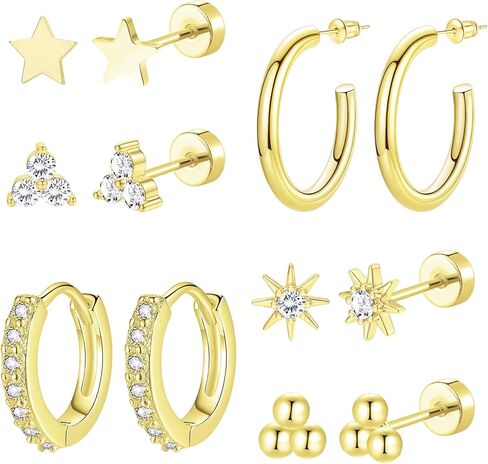 6 & 8 Pairs Stainless Steel Earrings 14K Gold Plated Flat Back Stud Earrings for Women Men Multiple Style Lightweight Dainty Trendy Jewelry Star Triangle Sun Dangle Huggie Hoop Earring Stacks in Saudi Arabia