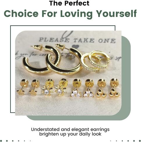 6 & 8 Pairs Stainless Steel Earrings 14K Gold Plated Flat Back Stud Earrings for Women Men Multiple Style Lightweight Dainty Trendy Jewelry Star Triangle Sun Dangle Huggie Hoop Earring Stacks in Saudi Arabia