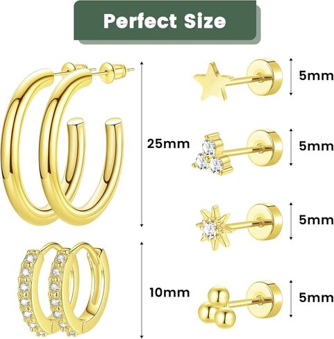 6 & 8 Pairs Stainless Steel Earrings 14K Gold Plated Flat Back Stud Earrings for Women Men Multiple Style Lightweight Dainty Trendy Jewelry Star Triangle Sun Dangle Huggie Hoop Earring Stacks in Saudi Arabia