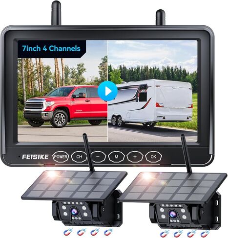 Magnetic Solar Wireless Backup Camera, 1 Min Install RV Backup Camera, 7IN 1080P HD Recording Rear View Camera, 4 Channels, Dual-Antenna, IR Night Vision, 150° Wide Angle Back up Camera for Truck in Kuwait