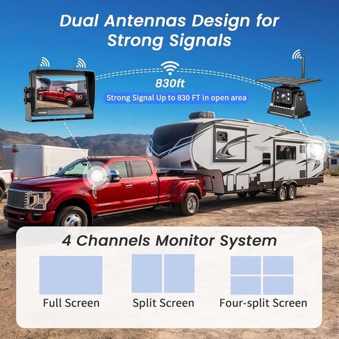 Magnetic Solar Wireless Backup Camera, 1 Min Install RV Backup Camera, 7IN 1080P HD Recording Rear View Camera, 4 Channels, Dual-Antenna, IR Night Vision, 150° Wide Angle Back up Camera for Truck in Kuwait