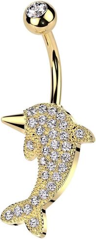 Pierced Owl 14GA 316L Stainless Steel CZ Crystal Paved Dolphin Belly Button Ring in Saudi Arabia