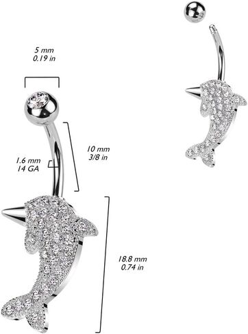 Pierced Owl 14GA 316L Stainless Steel CZ Crystal Paved Dolphin Belly Button Ring in Saudi Arabia