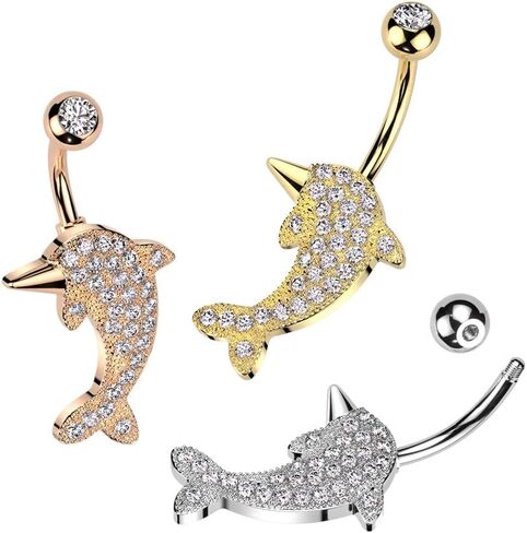 Pierced Owl 14GA 316L Stainless Steel CZ Crystal Paved Dolphin Belly Button Ring in Saudi Arabia