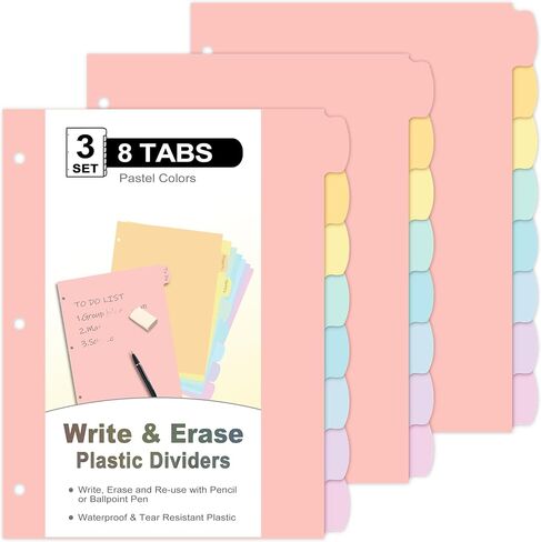 8 Count/1 Set Write & Erase Binder Dividers with Tabs, Durable Plastic 8 Tab Dividers for 3 Ring Binder Letter Size, Separators for Student School Home Office Document Organizer, Pastel in Saudi Arabia