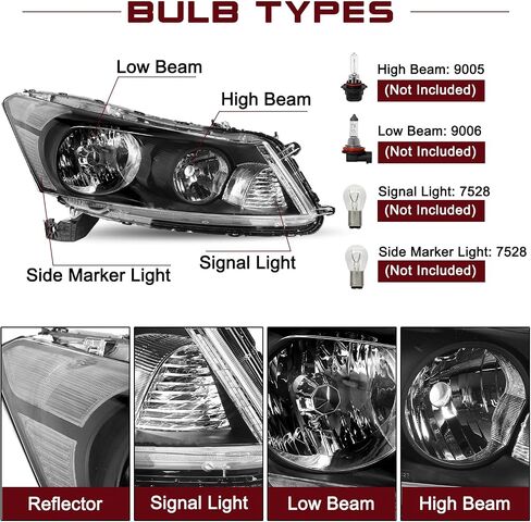 JSBOYAT Headlight fit for 2008-2012 Honda Accord Sedan 4-Door OEM Halogen Headlamp (Black Housing with Clear Reflector) in Saudi Arabia