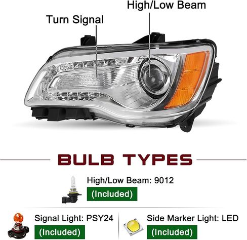 JSBOYAT Fits for Halogen Model 2011-2023 Chrysler 300 Headlight Assembly OE Headlamp w/LED DRL Projector (Black Housing with Amber Reflector) in Saudi Arabia