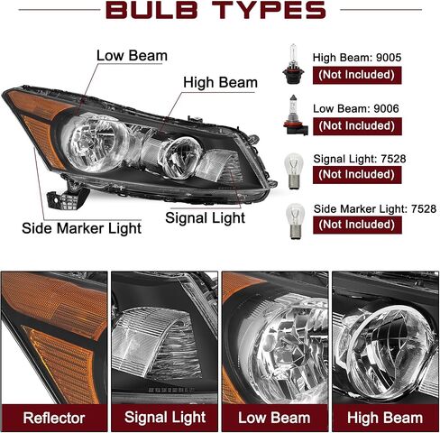 JSBOYAT Headlight fit for 2008-2012 Honda Accord Sedan 4-Door OEM Halogen Headlamp (Black Housing with Clear Reflector) in Saudi Arabia