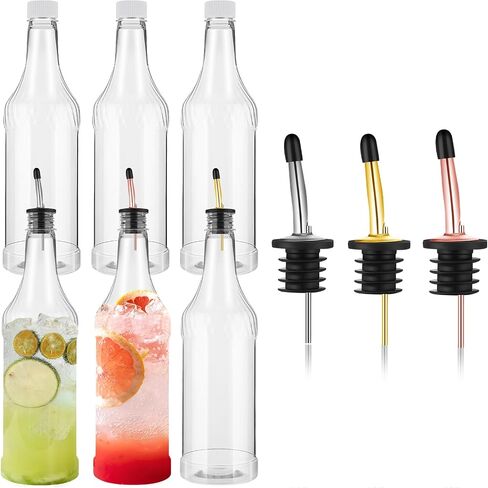 Dandat 12 Set 32 oz Plastic Long Neck Bottles with Pourer and Caps Plastic Juice Pour Bottles with Stainless Steel Bottle Pourer Tapered Spout for Liquor Juice Store Includes Funnel, Labels and Chalk in Saudi Arabia