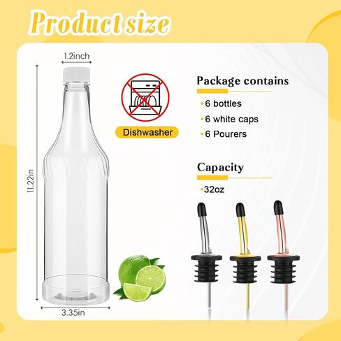Dandat 12 Set 32 oz Plastic Long Neck Bottles with Pourer and Caps Plastic Juice Pour Bottles with Stainless Steel Bottle Pourer Tapered Spout for Liquor Juice Store Includes Funnel, Labels and Chalk in Saudi Arabia