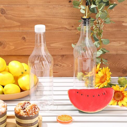 Dandat 12 Set 32 oz Plastic Long Neck Bottles with Pourer and Caps Plastic Juice Pour Bottles with Stainless Steel Bottle Pourer Tapered Spout for Liquor Juice Store Includes Funnel, Labels and Chalk in Saudi Arabia