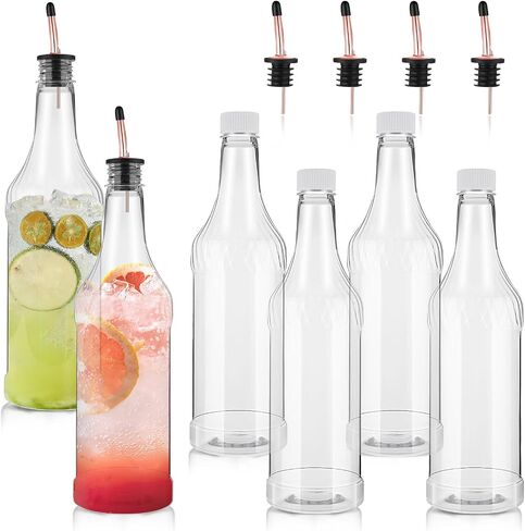 Dandat 12 Set 32 oz Plastic Long Neck Bottles with Pourer and Caps Plastic Juice Pour Bottles with Stainless Steel Bottle Pourer Tapered Spout for Liquor Juice Store Includes Funnel, Labels and Chalk in Saudi Arabia