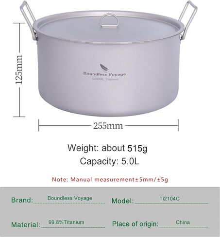 Boundless Voyage 5L Titanium Cooking Pot with Lid & Folding Handle Large Soup Pot for Outdoor Camping Hiking Picnic Home Kitchen Ultralight Cookware Ti2104C in Kuwait