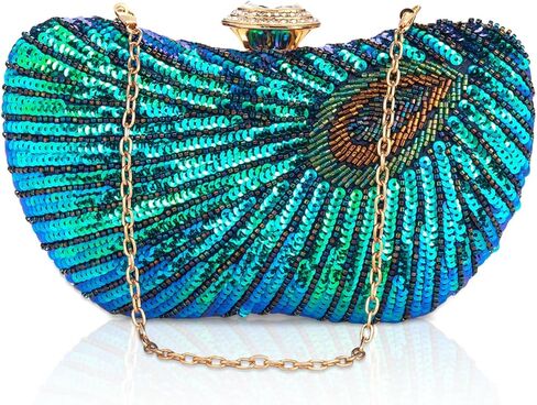 Peacock Clutch Purse Evening Handbags for Womens Vintage Crossbody Shoulder Bags Sequin Feather and Detachable Chains in Kuwait