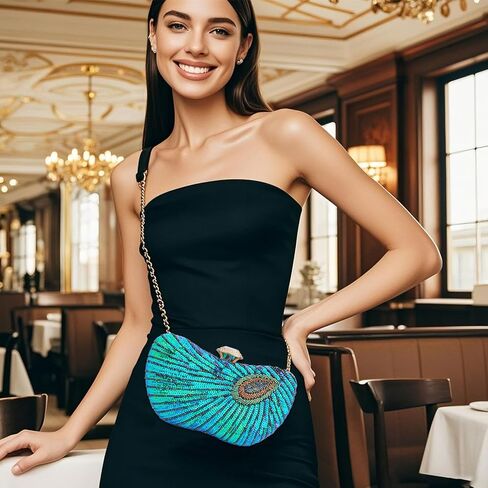 Peacock Clutch Purse Evening Handbags for Womens Vintage Crossbody Shoulder Bags Sequin Feather and Detachable Chains in Kuwait