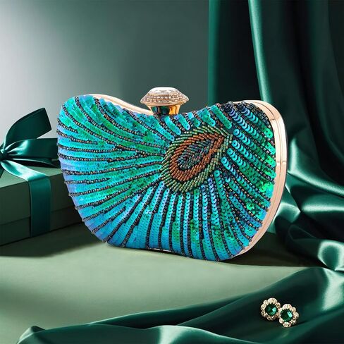 Peacock Clutch Purse Evening Handbags for Womens Vintage Crossbody Shoulder Bags Sequin Feather and Detachable Chains in Kuwait