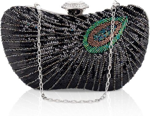Peacock Clutch Purse Evening Handbags for Womens Vintage Crossbody Shoulder Bags Sequin Feather and Detachable Chains in Saudi Arabia