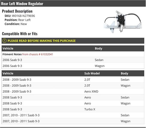 Rear Left Driver Side Window Regulator - Compatible with 2006-2011 Saab 9-3 in Saudi Arabia