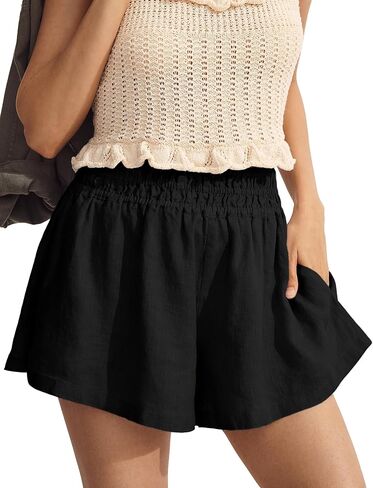 Linen Shorts for Women Summer Casual Elastic High Waisted Wide Leg Loose Beach Shorts with Pockets in Kuwait