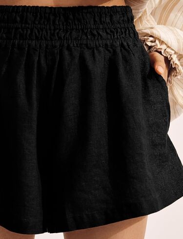 Linen Shorts for Women Summer Casual Elastic High Waisted Wide Leg Loose Beach Shorts with Pockets in Kuwait