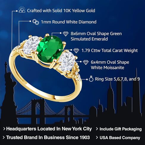 GEM Stone King 10k Gold Gold Gold Green محاكاة الزمرد الأبيض Moissanite ولهجة الماس 3 طوابق للنساء | 1.79 CTTW | بيضاوي 8x6mm و 6x4mm | متاح في الحجم 5-9.5 in Saudi Arabia
