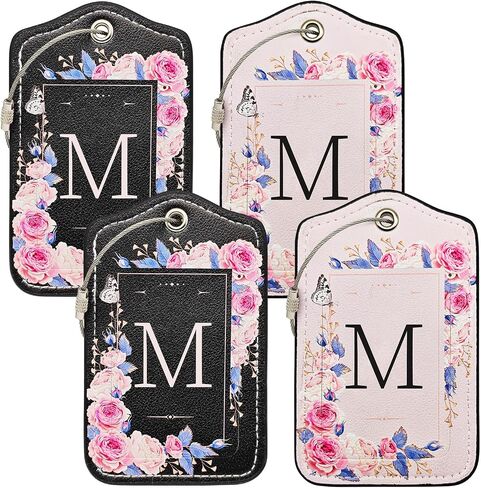 Initial Luggage Tags for Suitcases 4 Pack TSA Approved, PU Leather Luggage Suitcase Tags for Travel Baggage Name Personalized, Bag Tags for Easy Identification - Black & Pink Floral (Letter M) in Kuwait