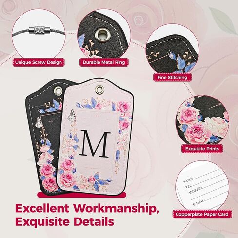 Initial Luggage Tags for Suitcases 4 Pack TSA Approved, PU Leather Luggage Suitcase Tags for Travel Baggage Name Personalized, Bag Tags for Easy Identification - Black & Pink Floral (Letter M) in Kuwait
