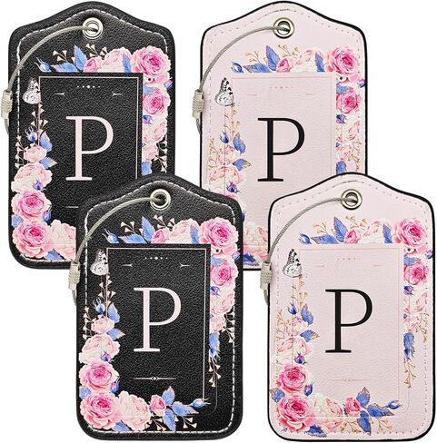 Initial Luggage Tags for Suitcases 4 Pack TSA Approved, PU Leather Luggage Suitcase Tags for Travel Baggage Name Personalized, Bag Tags for Easy Identification - Black & Pink Floral (Letter M) in Kuwait