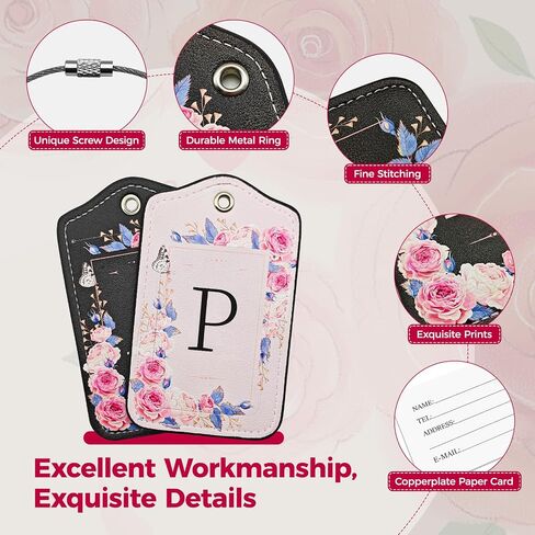 Initial Luggage Tags for Suitcases 4 Pack TSA Approved, PU Leather Luggage Suitcase Tags for Travel Baggage Name Personalized, Bag Tags for Easy Identification - Black & Pink Floral (Letter M) in Kuwait