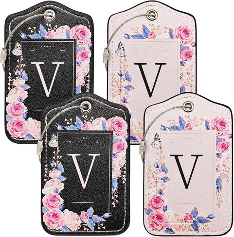Initial Luggage Tags for Suitcases 4 Pack TSA Approved, PU Leather Luggage Suitcase Tags for Travel Baggage Name Personalized, Bag Tags for Easy Identification - Black & Pink Floral (Letter M) in Kuwait