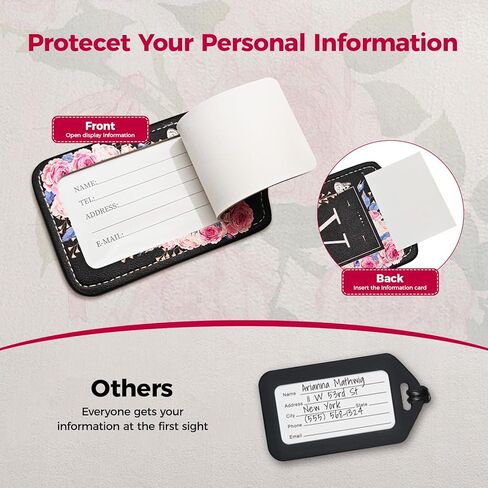 Initial Luggage Tags for Suitcases 4 Pack TSA Approved, PU Leather Luggage Suitcase Tags for Travel Baggage Name Personalized, Bag Tags for Easy Identification - Black & Pink Floral (Letter M) in Kuwait