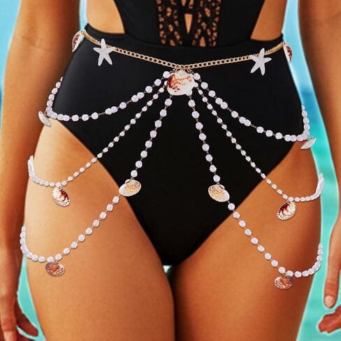 cosydays pearl chain belt starffish seashell chain chain beach body body المجوهرات للنساء in Saudi Arabia