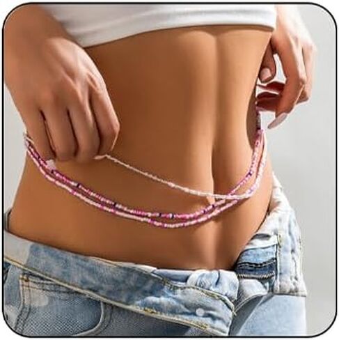 Colorful Beaded Waist Chain for Women Bohemian Rice Beads Belly Chains Boho Summer Stretchy Beaded Belly Chains Stackable Colours Layered Waist Jewelry for Bikini Beach Festival in Saudi Arabia